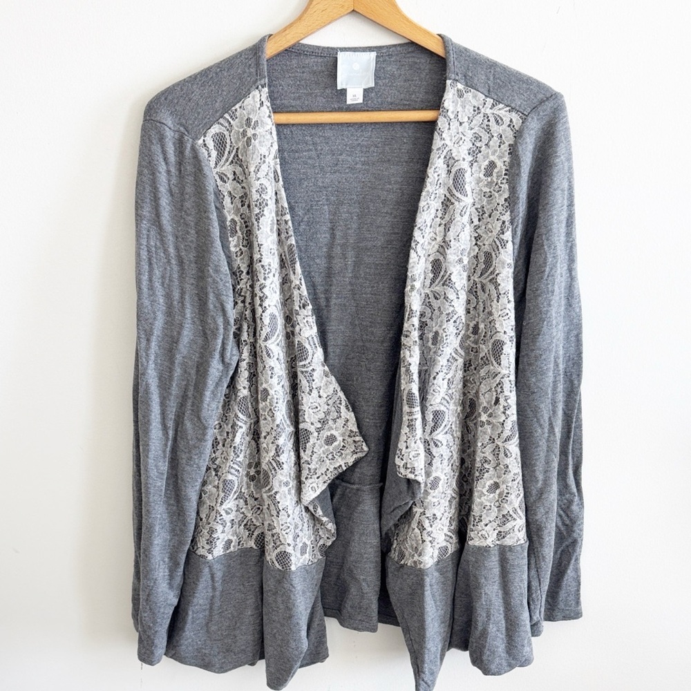 Sunday gray cream lace open front cardigan knit top size XL